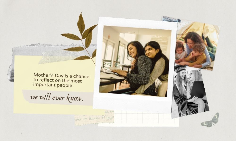 Mother’s Day is a chance to reflect on the most important people we will ever know. The second image depicts a young woman embracing her mother as she eats from a bowl at the dining table. The third depicts a woman in a tent reading to two small children. The fourth picture shows a young woman wearing graduation robes and mortarboard with a small child in her lap, holding what appears to be her diploma.