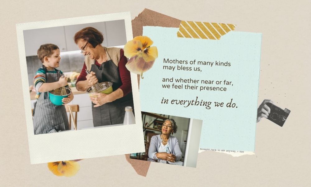 Mothers of many kinds may bless us, and whether near or far, we feel their presence in everything we do. The fifth picture features an older woman wearing an apron mixing with a mixing bowl. A small child is mixing along with her with his own bowl and wearing his own apron. A middle-aged woman looks into the distance with her hands over papers in the sixth photo.