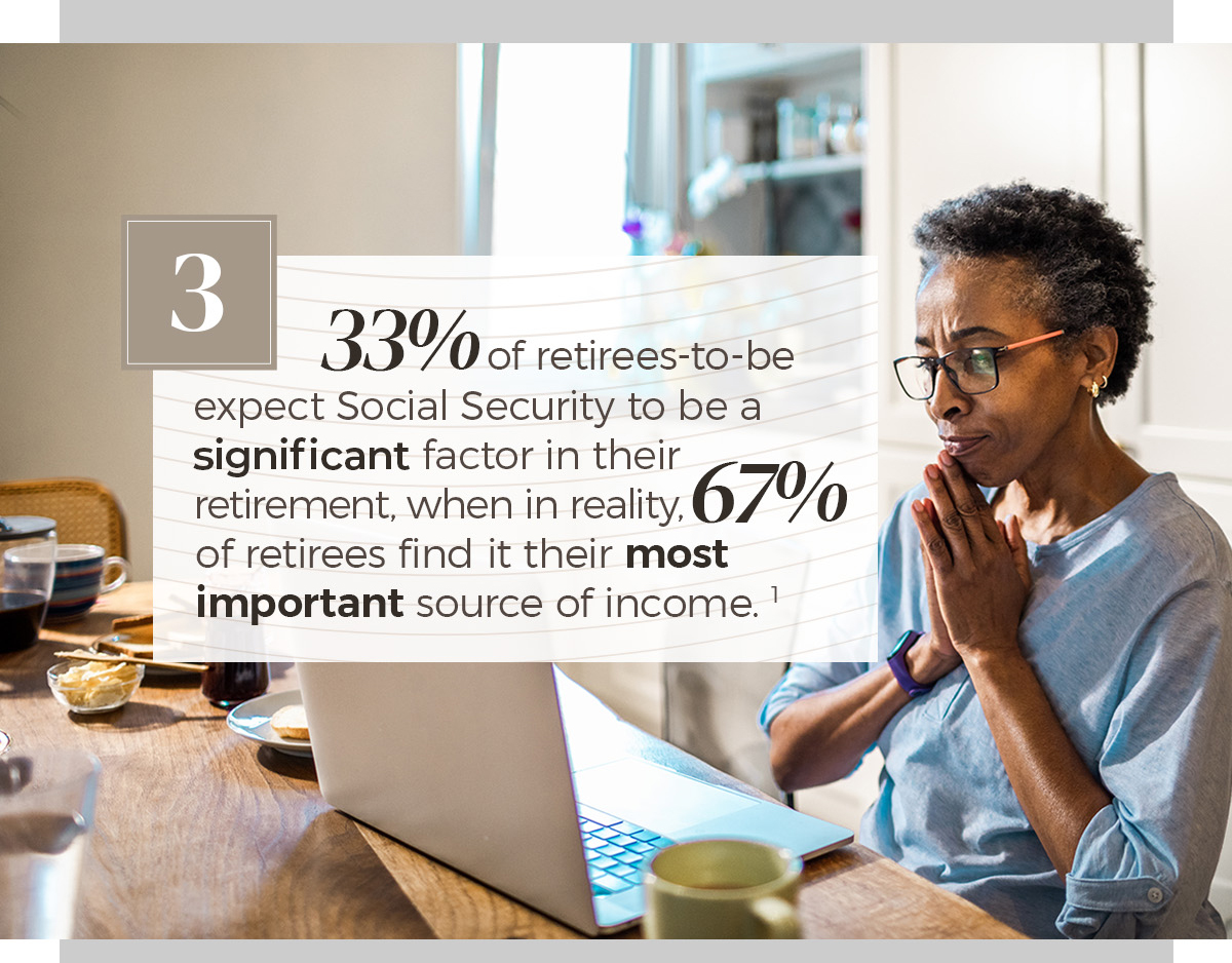 86 percent of retirees-to-be expect social security to be a significant factor in their retirement, when in reality 94 percent of retirees find it their most important source of income. An informally-dressed bespectacled woman sits at a breakfast table with her clasped hands resting at her chin, reading her steel-colored laptop.