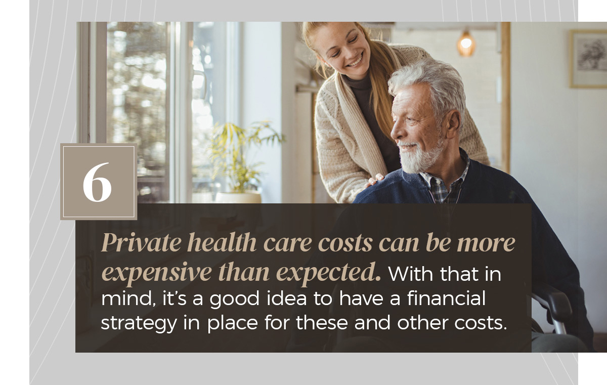 Private health care costs can be more expensive than expected. With that in mind, it’s a good idea to have a financial strategy in place for these and other costs. A young woman wearing a sweater smiles and walks behind a man of mid-to-late middle age in his wheelchair.