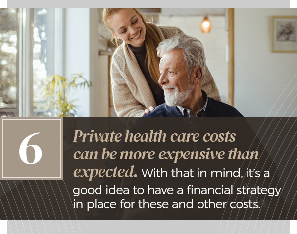 Private health care costs can be more expensive than expected. With that in mind, it’s a good idea to have a financial strategy in place for these and other costs. A young woman wearing a sweater smiles and walks behind a man of mid-to-late middle age in his wheelchair.