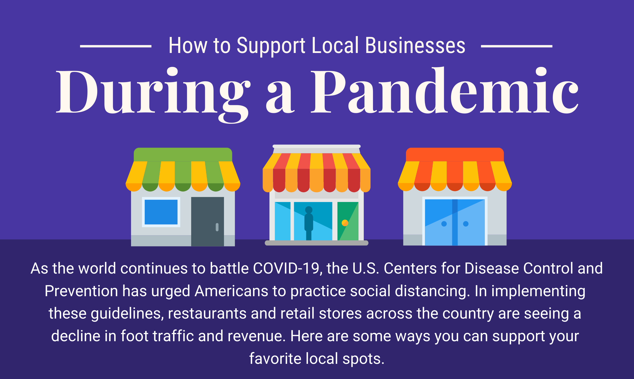 How to Support Local Businesses During a Pandemic. The world continues to battle COVID-19, the U.S. Centers for Disease Control and Prevention has urged Americans to practice social distancing. In implementing these guidelines, 
restaurants and retail stores across the country are seeing a decline in foot traffic and revenue Here are some ways you can support your favorite local spots.