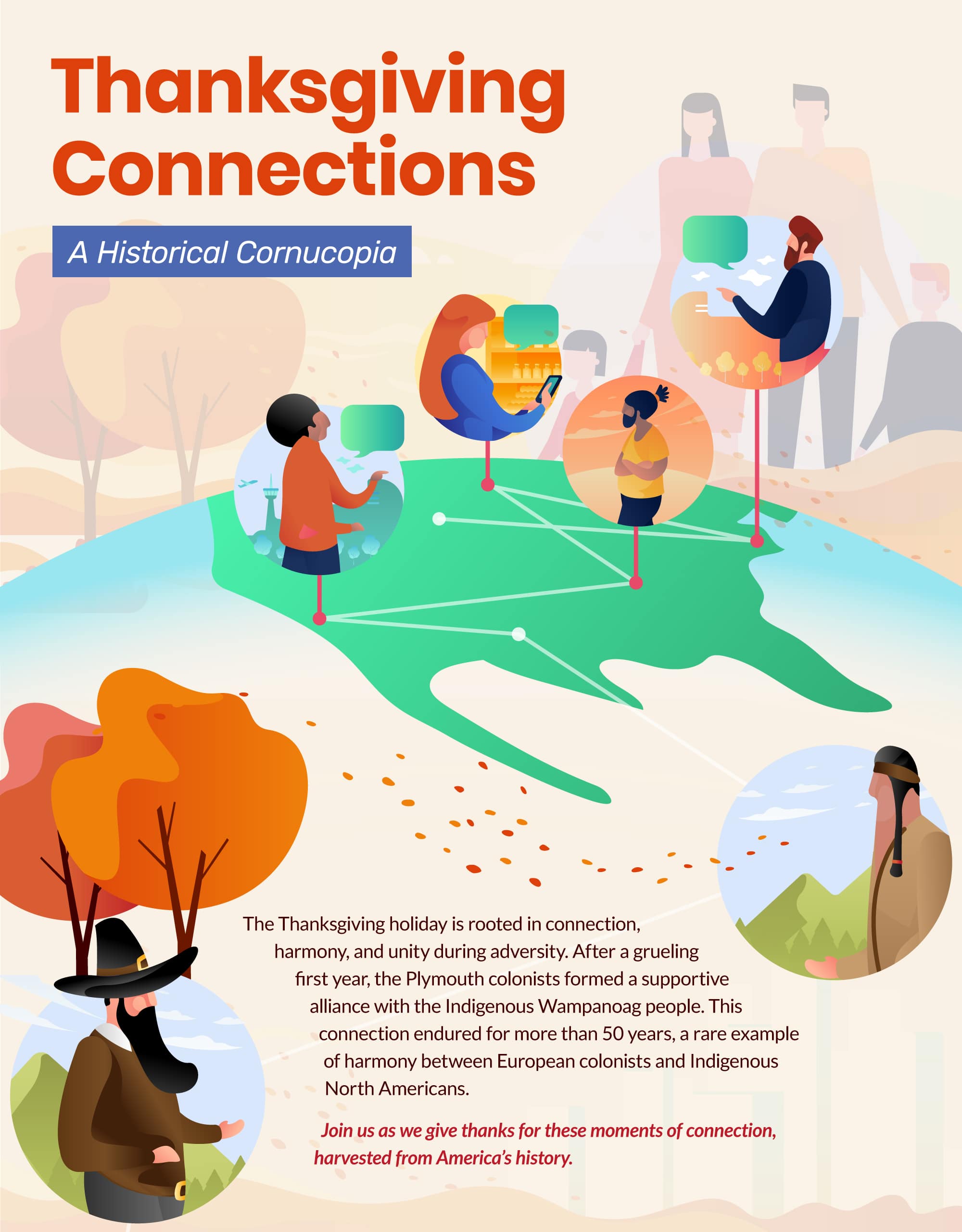 Thanksgiving Connections: A Historical Cornucopia. The Thanksgiving holiday is rooted in connection, harmony, and unity during adversity. After a grueling  first year, the Plymouth colonists formed a supportive alliance with the Indigenous Wampanoag people. This connection endured for more than 50 years, a rare example of harmony between European colonists and Indigenous North Americans. Join us as we give thanks for these moments of connection, harvested from America’s history.