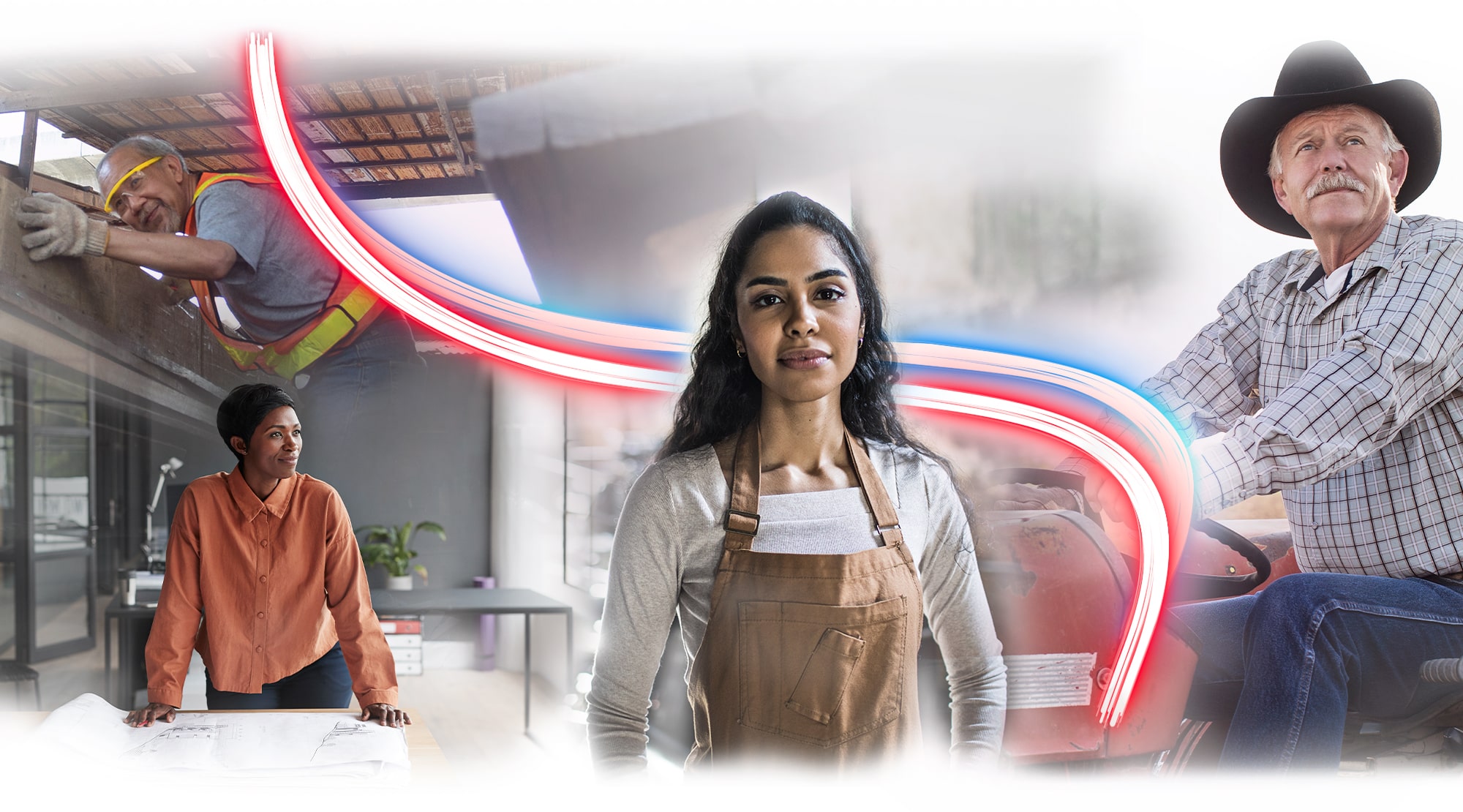 Four veterans are pictured in various workplace roles. In the uppermost left corner, a man in an orange safety vest, short-sleeved shirt, safety glasses, and work gloves inspects a wooden truss within a home under construction. In the lower-left corner is a woman in a peach-colored button-up shirt and black pants. She stands with both hands resting on a table that has architectural blueprints atop it. She looks to her right with a slight smile at someone outside the shot. At the center of the image is a woman in brown coveralls staring directly into the camera. To the far right of the image is an older man atop a tractor. He is wearing a dark-colored cowboy hat, and his hair and mustache are grey. He stares off into the distance with a neutral expression.
