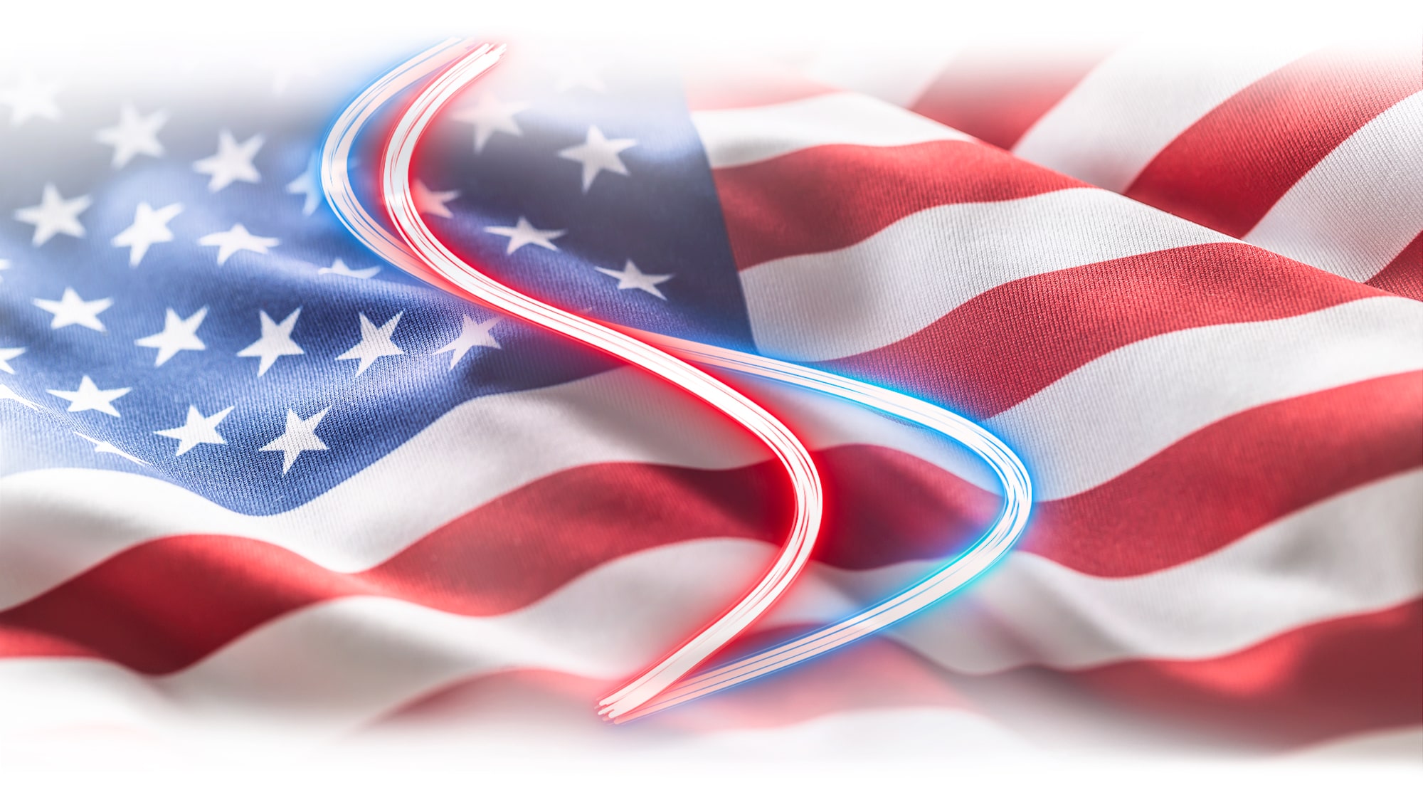 The final image is that of the American flag billowing in the wind with the neon blue and red stripe atop the image.